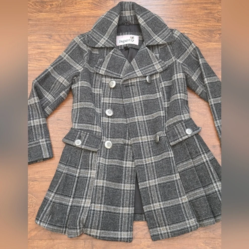 Sugarfly Girls Coats Sz M Wool Poly Plaid Peacoat Jacket Pleated Metal Buttons